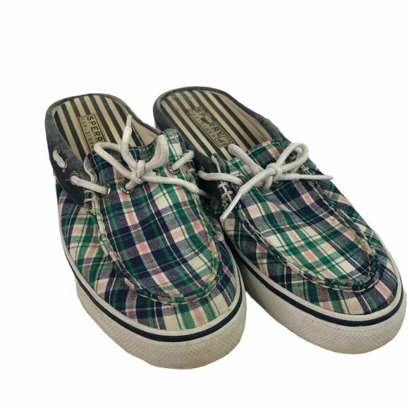 Womens Size 8 Plaid Sperry Slides Slip On Shoes Pink Blue Green - Picture 2 of 7